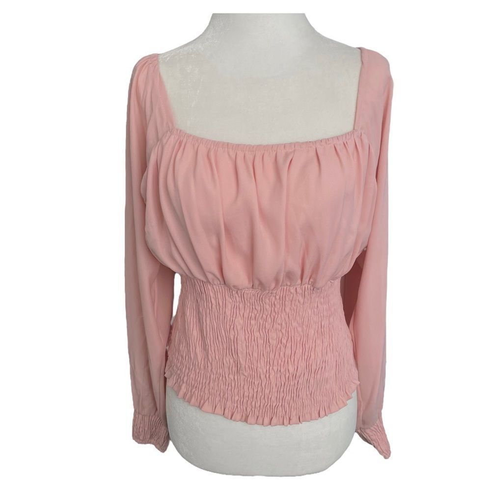 New Glory Blush Pink Square Neck Frill Smocked Ruffle Long Sleeve Cropped Blouse